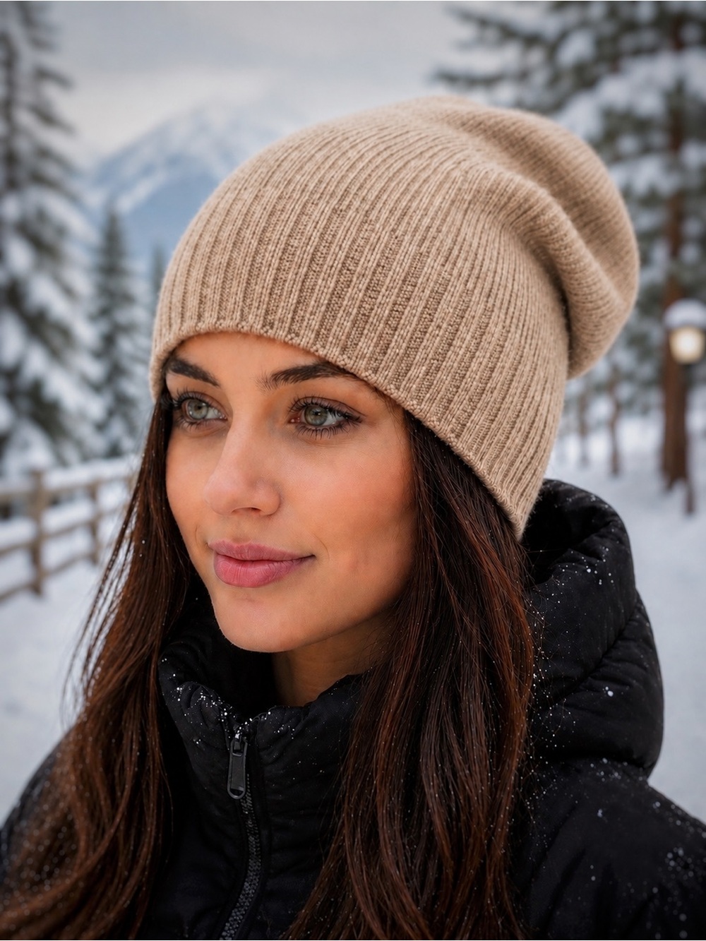 Nordstrom Recycled Cashmere Blend Ribbed Slouchy Beanie Hat Heathered Camel NWOT - Picture 3 of 5